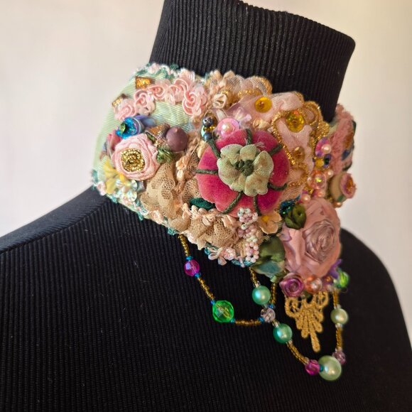 Handmade Pink Rose Embroidered Victorian-style Choker Collar Fairycore - Picture 2 of 10